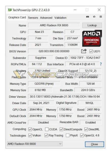 amd新显卡rx6600详细规格:有gpu-z截图