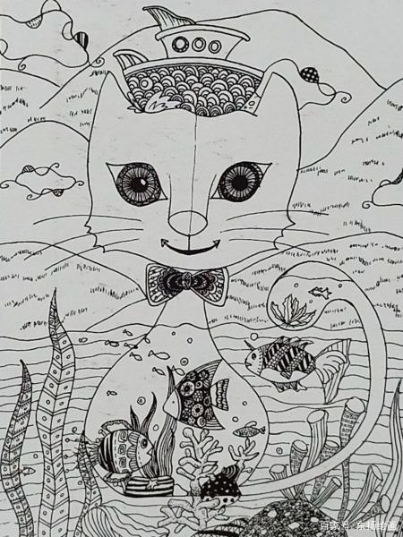 贪吃的小猫咪线描创意画