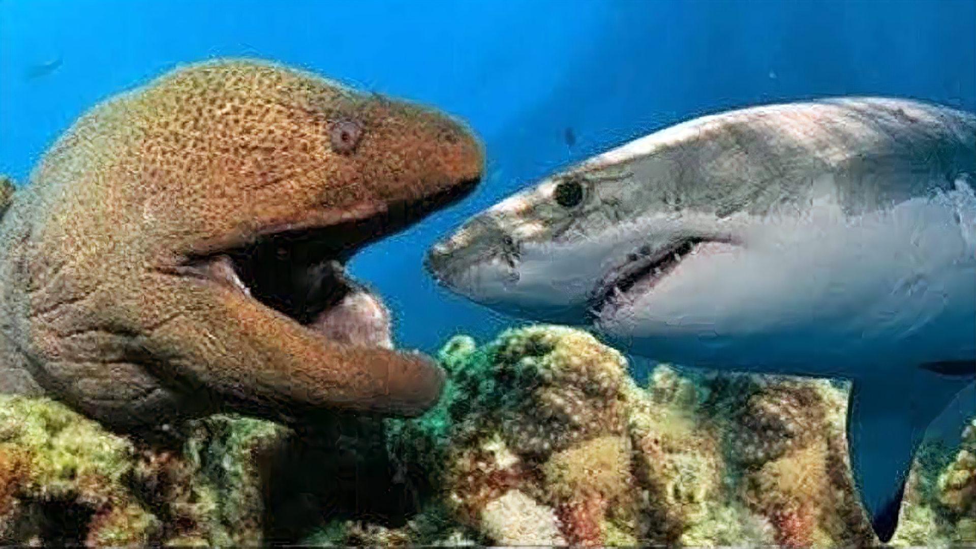 海鳗vs鲨鱼,场面激烈